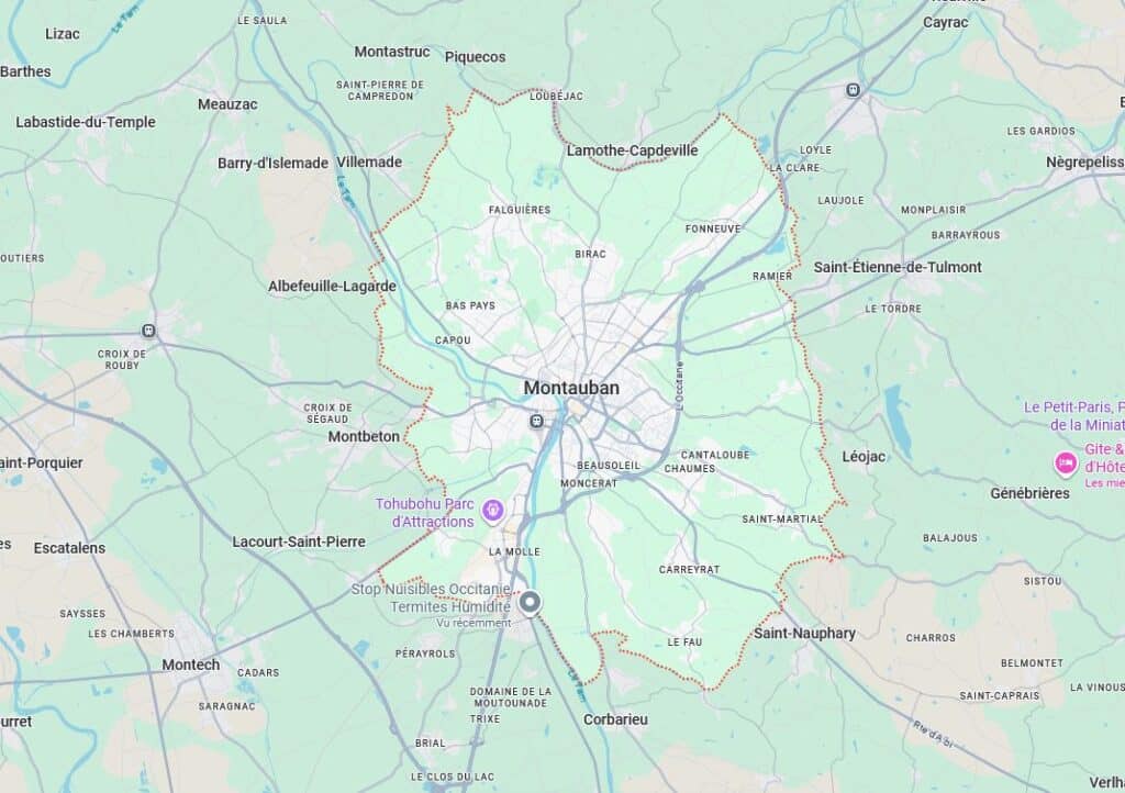 Carte de Montauban et alentours en Tarn-et-Garonne Carte de Montauban et ses environs, incluant Lacourt-Saint-Pierre, le fleuve Tarn et les localités limitrophes.